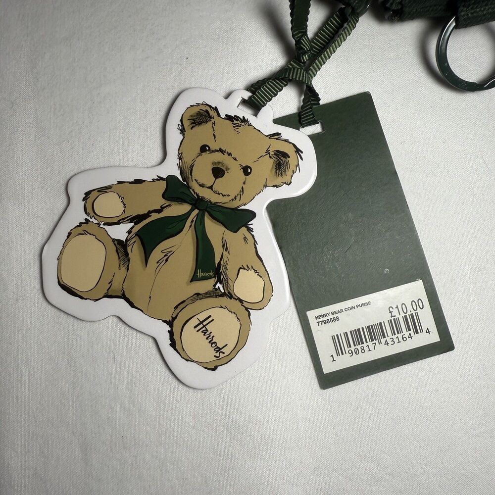 Harrods Teddy Bear Coin Purse Green Canvas Zip Mini Logo Pouch NWT - Picture 2 of 6